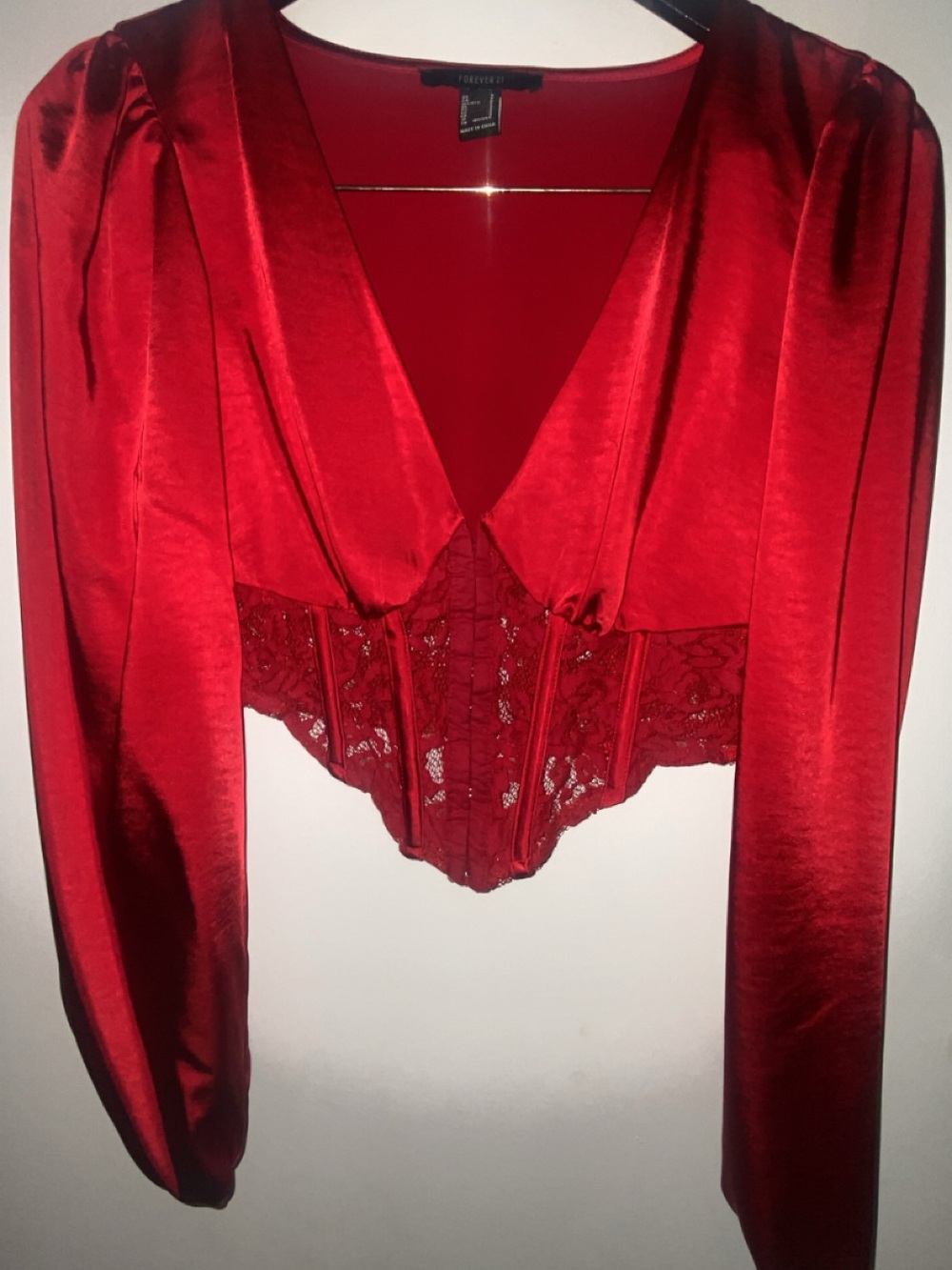 Forever 21 Red Satin Lace-Trim Corset Crop Top
